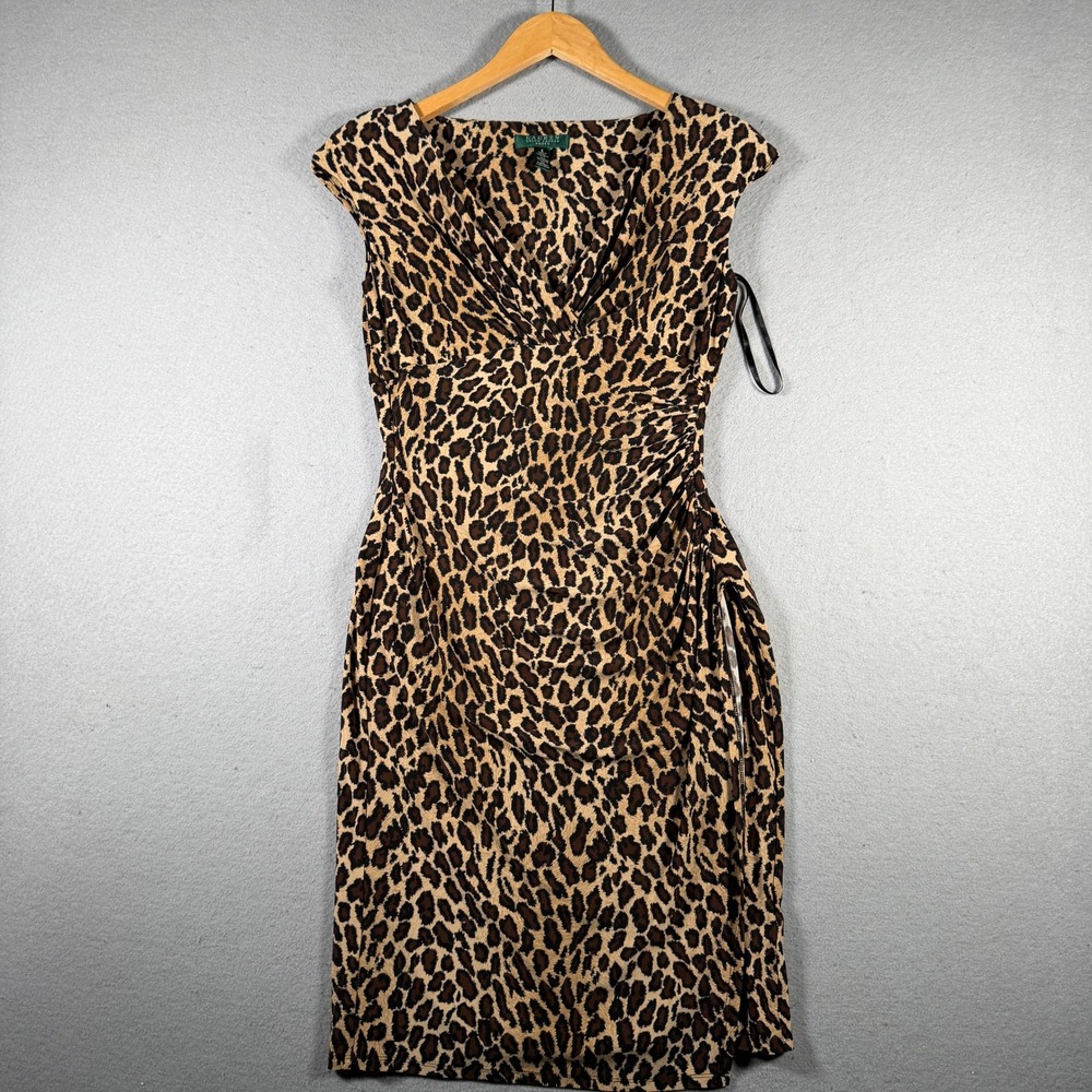 Lauren Ralph Lauren Leopard Print Ruched V-Neck Sheath Dress Brown Tan Size 6